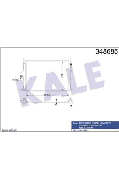 Kale 348685  Su Radyatörü Logan 04- 1.2I 1.4I 1.6I 1.6 16V Ac 1.5 DCI Nac Sandero 08- Duster 10- ürün görseli 1