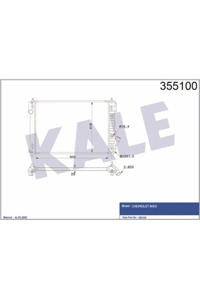 Kale 355100  Su Radyatörü Aveo T250 T255 08- 1.4 16V Vvt Aveo T250 T255 08- 1.4 16V Vvt At 600X418X26