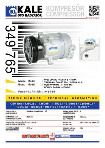 Kale 349765 OTO Radyatör  Klima Kompresörü Corsa B 1.2İ-1.4İ-1.6İ1.5D-Td-1.7D (93-00)-Combo 1.2-1.4-1.6-1.7D 94-Tıgra(125Mm)