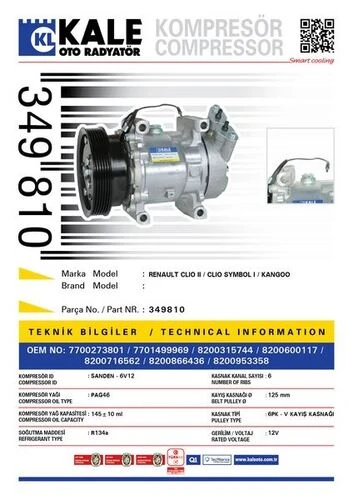 Kale 349810 OTO Radyatör  Klima Kompresörü CLIO II 1.4-1.6 16V-1.5 DCI 01- Kng 1.4-1.6 16V-1.5 DCI 97- (120Mm) ürün görseli