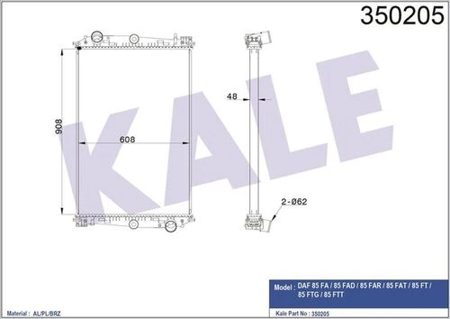 Kale 350205  Motor Su Radyatörü Daf 85 Fa 85 Fad 85 Far 85 Fat 85 Ft 85 Ftg 85 Ftt Çerçevesiz Mt 1241583 - 1