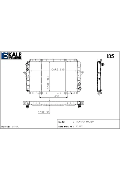 Kale 0539392PA OTO Radyatör 0 Su Radyatörü Master Movano 2 Sıra