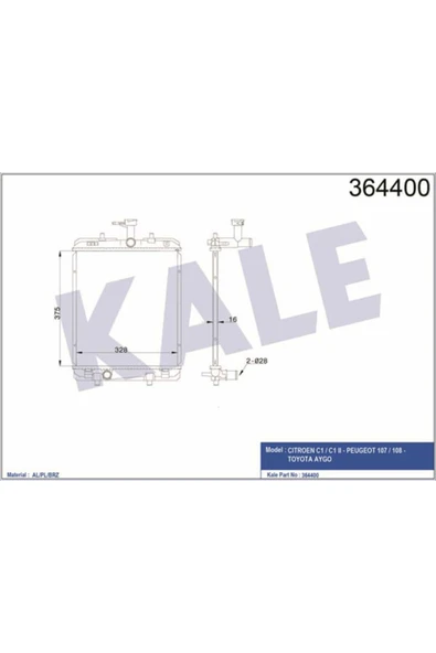 Kale 364400  Su Radyatörü 107 05- 1.0 12V 108 14- 1.0 Vtı C1 05- 1.0 12V C1 II 14- 375X328X16