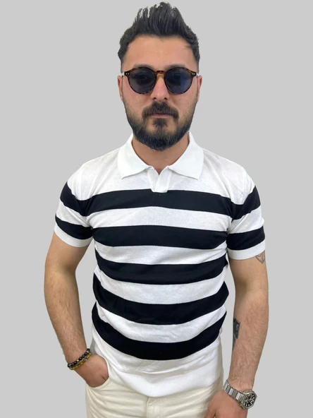 Erkek Parçalı Slim Fit Polo Yaka Siyah-Beyaz Triko Tişört