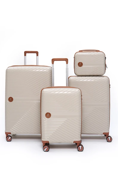 4’lü Valiz Seti Elatae Exclusive Pro Polipropilen Kırılmaz Büyük - Orta - Kabin Boy ve Makyaj Bej - Camel 5239 ürün görseli