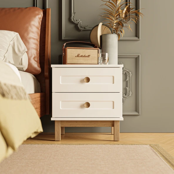 3780 Desa 2 Çekmeceli Membran Kapaklı Teleskopik Raylı (MDF Profil Ayaklı) Komodin Beyaz - Sepet - 3