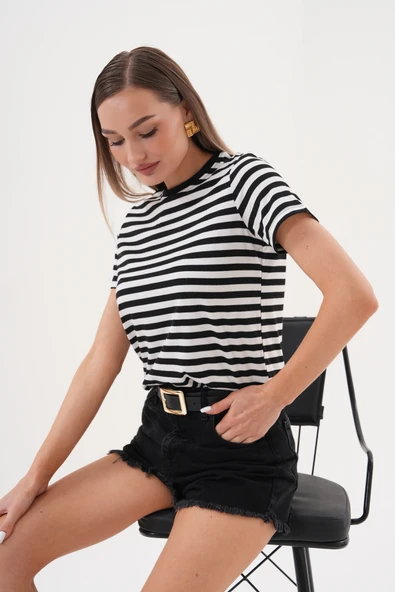 Kadın Çizgili T-shirt Bisiklet Yaka Kısa Kollu Tişört ÇİZGİLİ-TİŞÖRT - 8