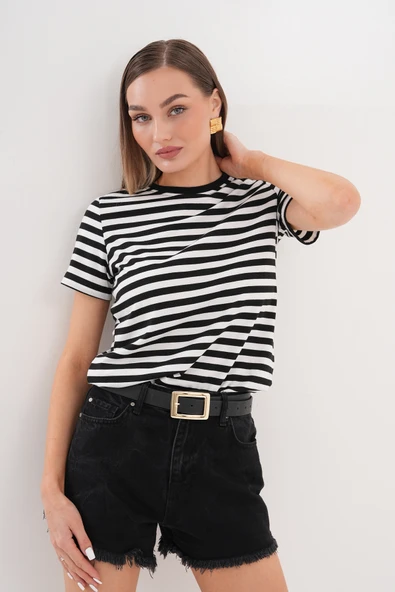 Kadın Çizgili T-shirt Bisiklet Yaka Kısa Kollu Tişört ÇİZGİLİ-TİŞÖRT - 9