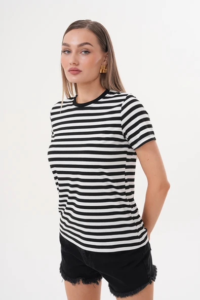 Kadın Çizgili T-shirt Bisiklet Yaka Kısa Kollu Tişört ÇİZGİLİ-TİŞÖRT - 7