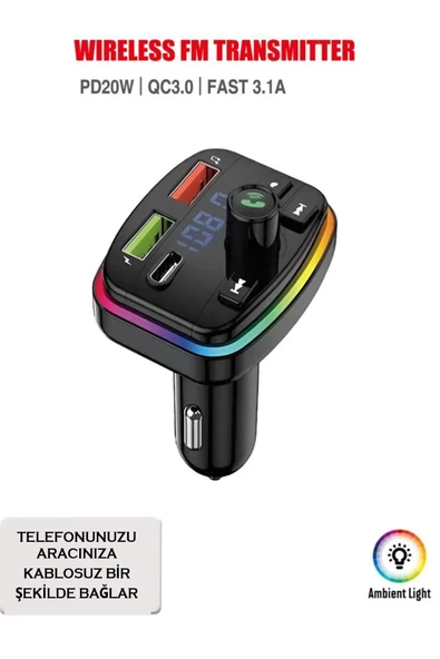 Araç Bluetooth 5.1 Fm Transmitter Cihazı Araba Müzik Mp3 Çalar Oto Çakmaklık 20w Hızlı Şarj Aleti - 4