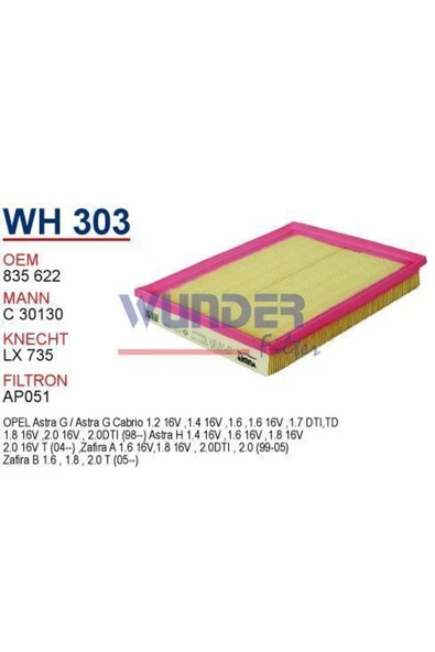 Wunder WH303 HAVA FİLTRESİ - OPEL ASTRA G - H 1998- ZAFiRA 1999 ürün görseli