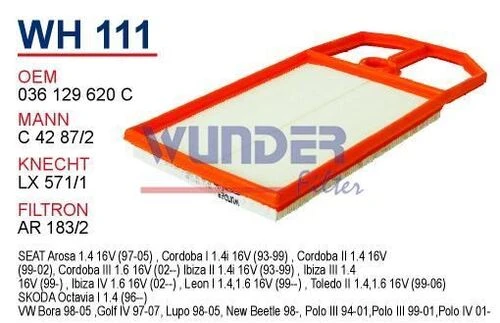 Wunder WH111 HAVA FİLTRESİ - VW POLO SPORTLiNE (ÇANTA) - SEAT IBI