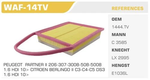 Winkel WAF -14TV Hava Filtresi 206 207 308 508 Partner / C3 C4 II C4 Cactus C5 II Berlingo 1.6 HDI