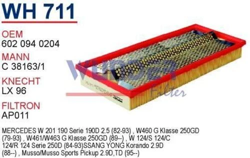 Wunder WH711 HAVA FİLTRESİ - MERCEDES 201 KASA 190 D 2.5 - 124 KA
