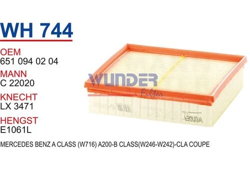 Wunder WH744 HAVA FİLTRESİ - MERCEDES BENZ A CLASS (W716) A200-B ürün görseli