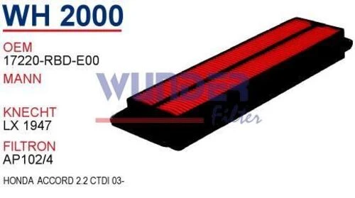 Wunder WH2000 HAVA FİLTRESİ - HONDA ACCORD 03-