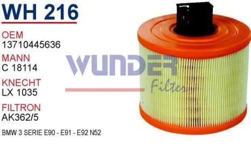 Wunder WH216 HAVA FİLTRESİ - BMW 3 SERİE E90 - E91 - E92 N52 - 1