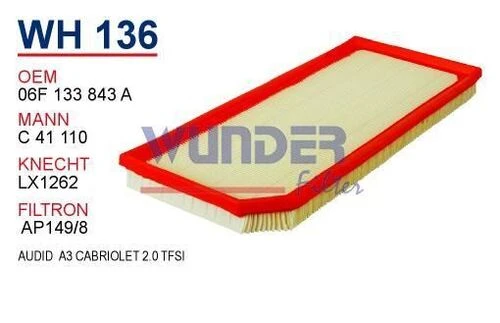 Wunder WH136 HAVA FİLTRESİ - AUDI A3 CABRIOLET 2.0 TFSI ürün görseli 1
