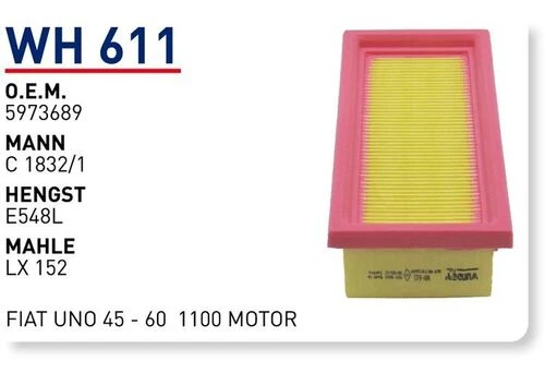 Wunder WH611 HAVA FİLTRESİ - FiAT UNO 45 - 60 1100 MOTOR ürün görseli
