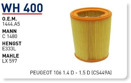 Wunder WH400 HAVA FİLTRESİ - PEUGEOT 106 1.4 D - 1.5 D (CS449A) - 1