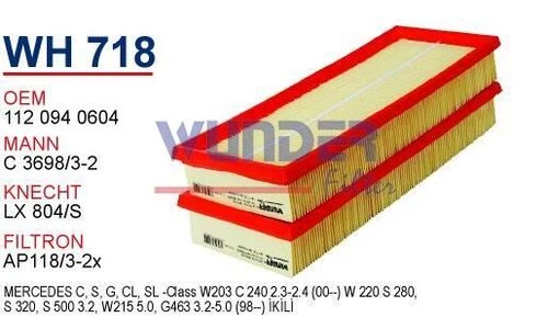Wunder WH718 HAVA FİLTRESİ - MERCEDES 220 KASA S280 - S320 - S500 ürün görseli