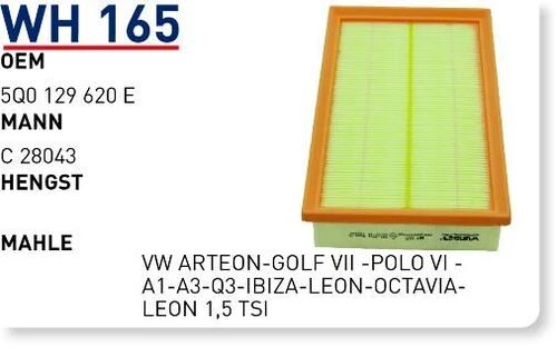 Wunder WH165 HAVA FİLTRESİ - VW ARTEON-GOLF VII -POLO VI -A1-A3-Q
