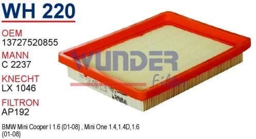 Wunder WH220 HAVA FİLTRESİ - MİNİ COOPER I - MİNİ ONE I