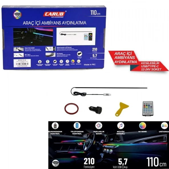 Araç İçi Ambiyans Aydınlatma Wifi Kontrol 12-24V USB 110 cm - Resim 2