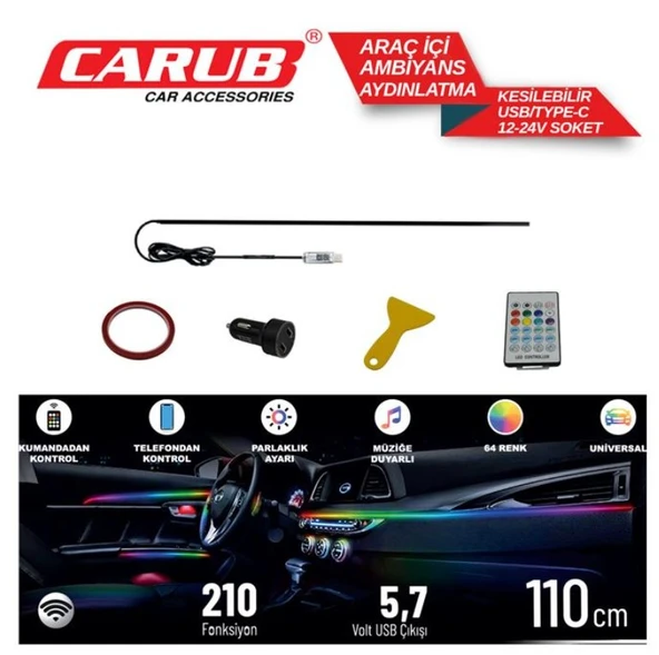 Araç İçi Ambiyans Aydınlatma Wifi Kontrol 12-24V USB 110 cm
