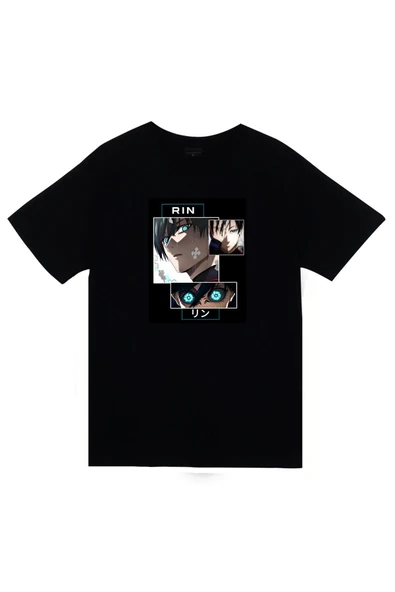 fame-stoned Blue Lock, Rin İtoshi Anime Baskılı Unisex %100 Pamuk Siyah T-shirt ürün görseli