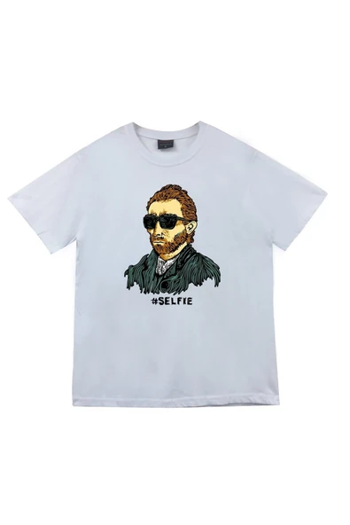 fame-stoned  Unisex Gri Van Gogh Selfie Tişört - Resim 3