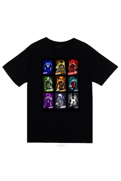 fame-stoned  Blue Lock Anime Baskılı Unisex %100 Pamuk Siyah T-shirt