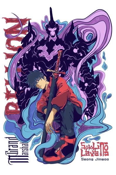 fame-stoned  Solo Leveling Anime Baskılı Unisex %100 Pamuk Siyah T-shirt - 2