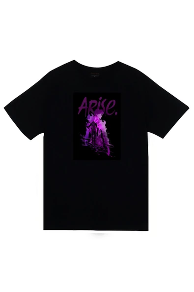 fame-stoned  Solo Leveling Arise Anime Baskılı Unisex %100 Pamuk Siyah T-shirt