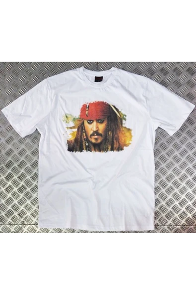 fame-stoned  Karayip Korsanları Film Jack Sparrow Karakter Baskılı Unisex %100 Pamuk Beyaz T-shirt