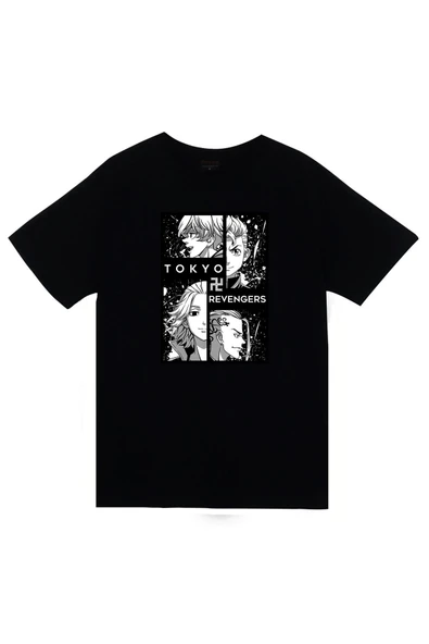 fame-stoned  Tokyo Revengers Anime Baskılı Unisex %100 Pamuk Siyah T-shirt