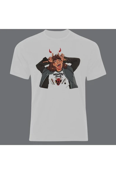 fame-stoned  Stranger Things Baskılı Unisex %100 Pamuk Beyaz T-shirt
