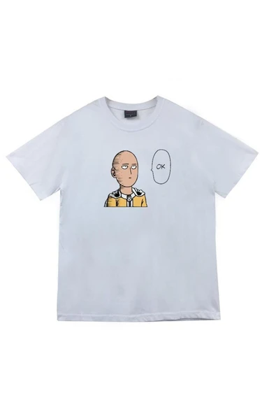 fame-stoned  Saitama Anime Baskılı Unisex %100 Pamuk Mavi T-shirt ürün görseli