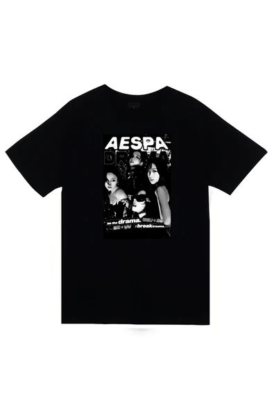 fame-stoned  Aespa Müzik Grubu K-Pop Baskılı Unisex %100 Pamuk Siyah T-shirt
