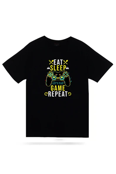fame-stoned Eat, Sleep, Game, Repeat Oyun Kolu Baskılı Unisex %100 Pamuk T-shirt