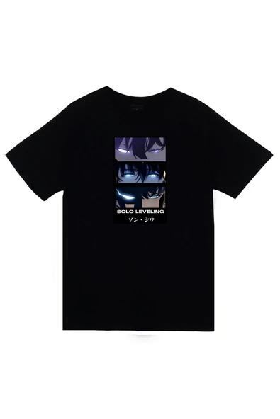 fame-stoned  Solo Leveling Anime Baskılı Unisex %100 Pamuk Siyah T-shirt ürün görseli