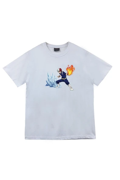 fame-stoned  My Hero Academia Shoto Todoroki Anime Baskılı Unisex %100 Pamuk Beyaz T-shirt