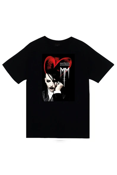 fame-stoned  Marilyn Manson Baskılı Unisex %100 Pamuk Siyah T-shirt