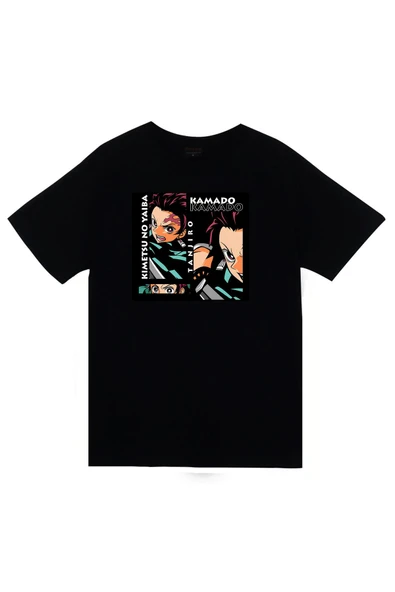 fame-stoned  Demon Slayer Tanjiro Kamado Anime Baskılı Unisex %100 Pamuk Siyah T-shirt