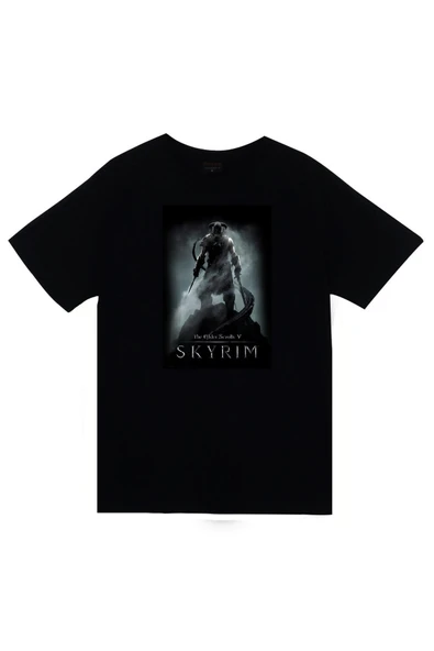 fame-stoned  Skyrim Oyun Baskılı Unisex %100 Pamuk Siyah T-shirt