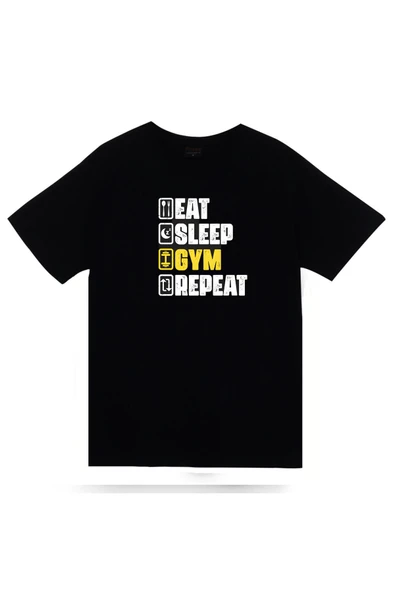 fame-stoned  Eat Sleep Gym Repeat, Training, Body Building %100 Pamuk Unisex Siyah T-shirt ürün görseli