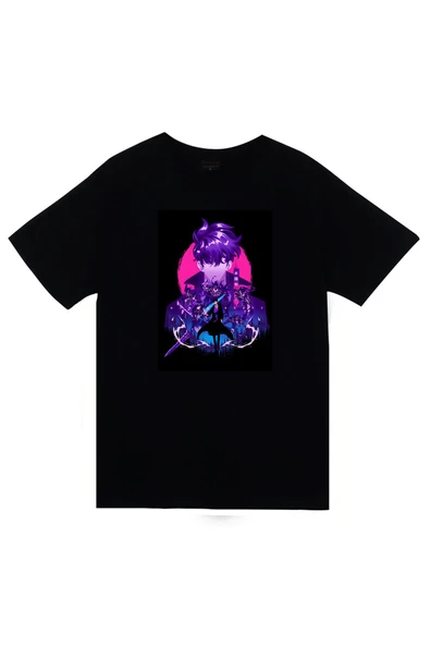 fame-stoned  Solo Leveling Anime Baskılı Unisex %100 Pamuk Siyah T-shirt