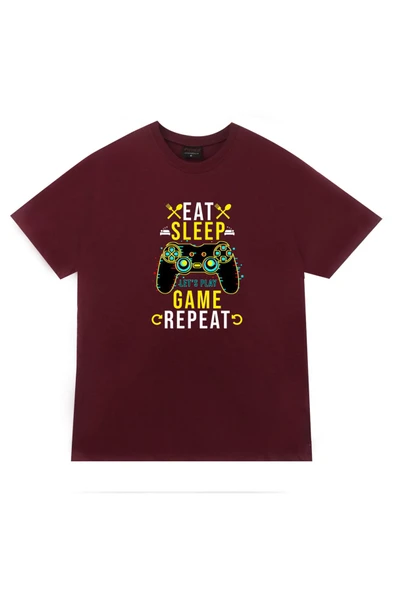 fame-stoned  Eat, Sleep, Game, Repeat Oyun Kolu Baskılı Unisex %100 Pamuk T-shirt