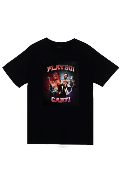 fame-stoned  Playboi Carti Baskılı Unisex %100 Pamuk Siyah T-shirt