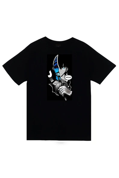 fame-stoned  Solo Leveling Arise Anime Baskılı Unisex %100 Pamuk Siyah T-shirt